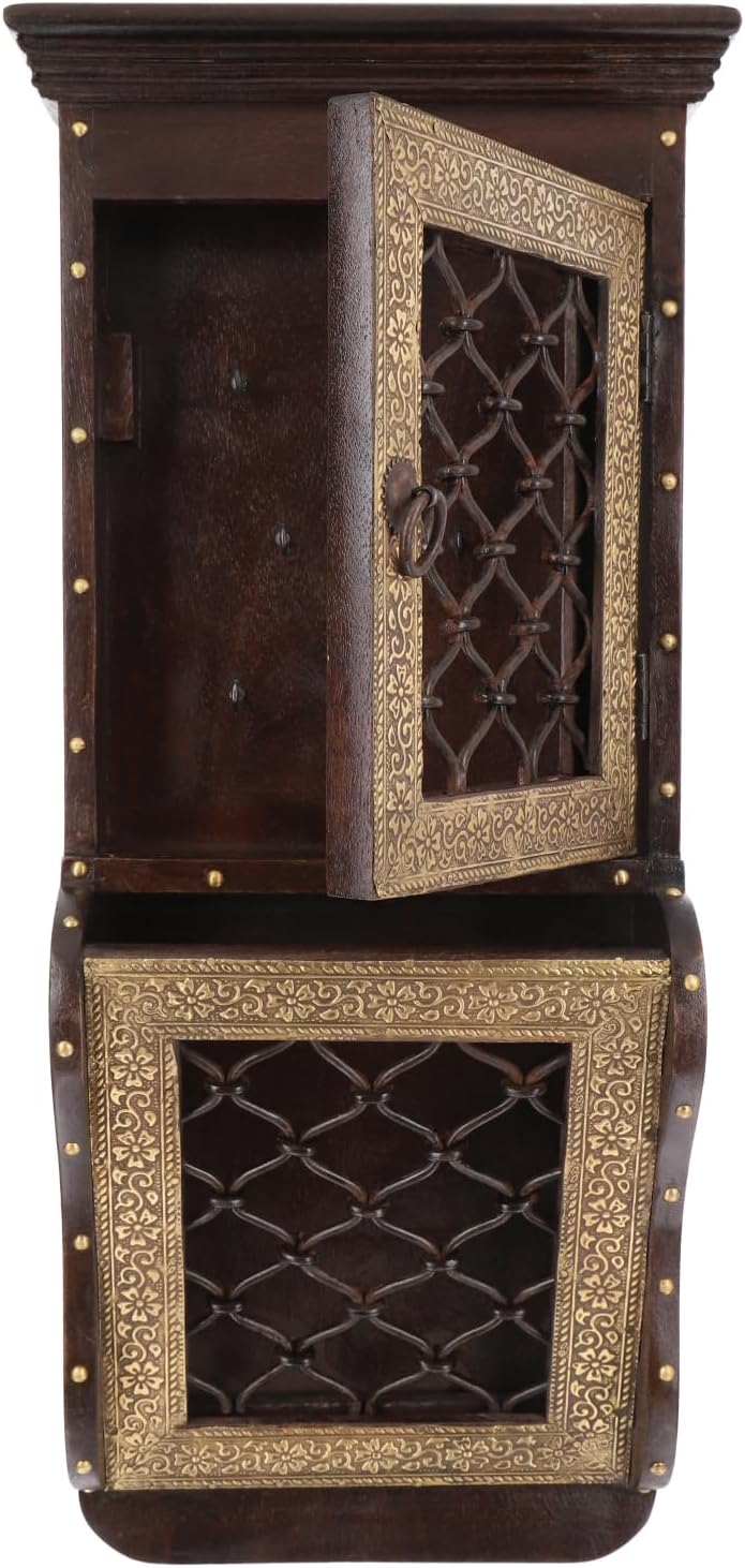 GURU SHOP Indischer Schlüsselkasten mit Briefablage im Kolonialstil - Muster 16, Braun, 59x26x12 cm,
