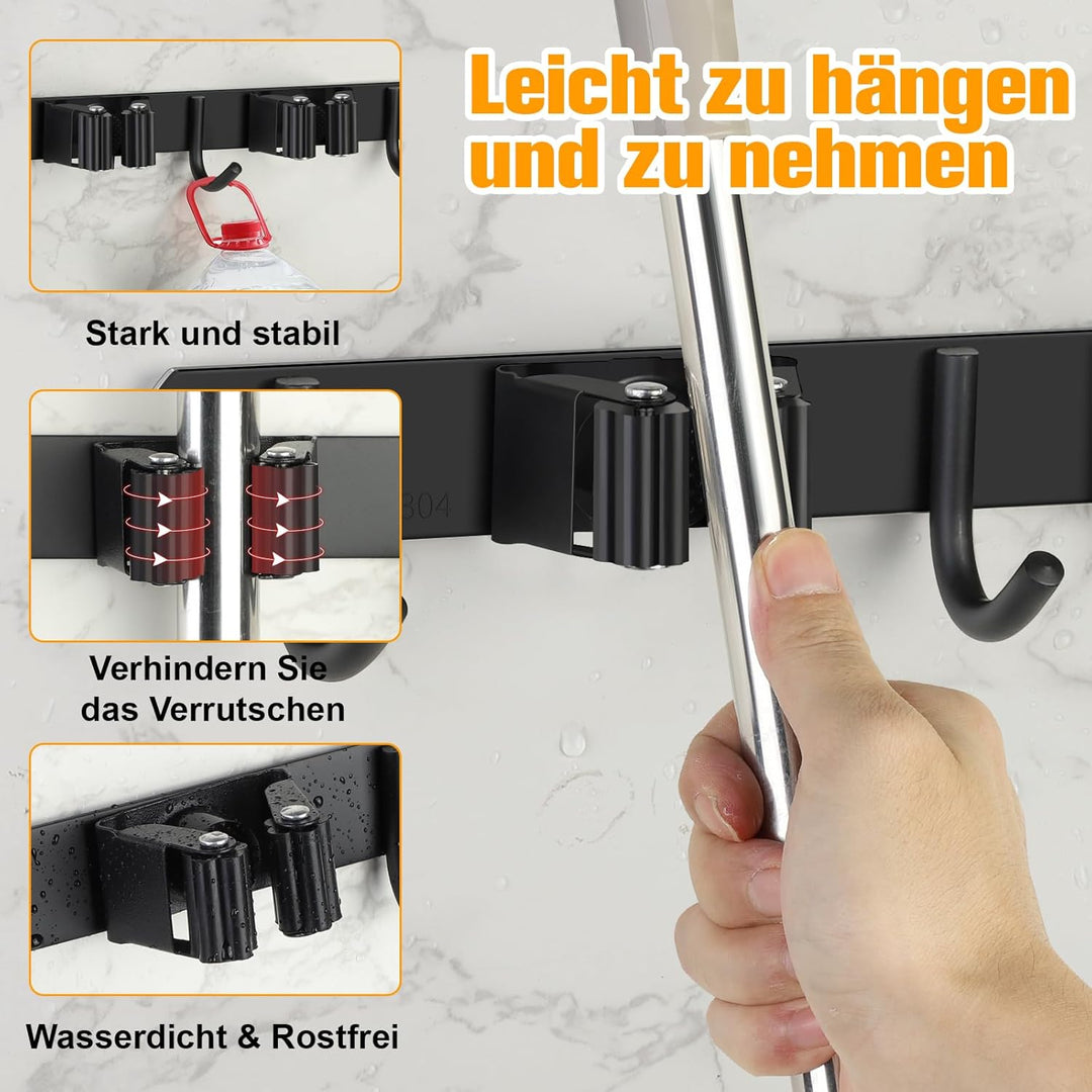 Besenhalterung Wand, Besenhalter Edelstahl, Gerätehalter Wandhalterung mit 6 Halter und 5 Haken, Bes