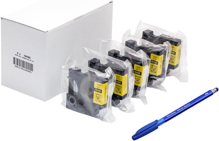 Dymo 18490 Rhino Industrieletiketten, flexibel, Nylon, 12 mm x 3,5 m, Schwarz auf Gelb, 5 Stück