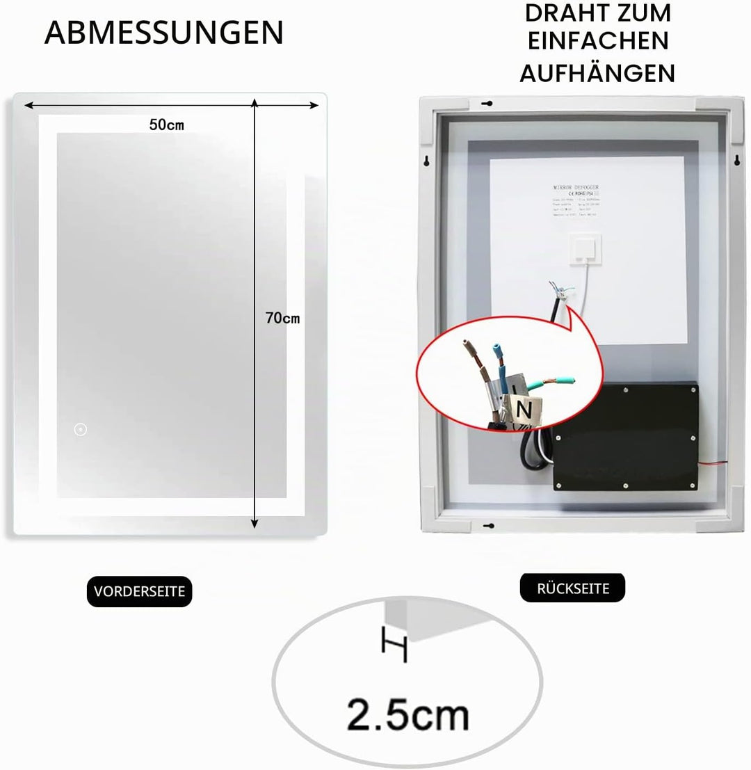 SaniteModar LED Badspiegel 50x70cm, Badezimmerspiegel mit Beleuchtung, Wandspiegel mit Touchschalter