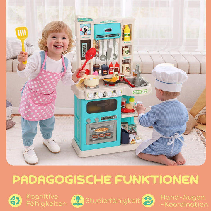 AIYAPLAY Kinderküche Spielküche mit Ofen Spüle Licht-und Soundfunktion und Zubehör Spielzeugküche Pu