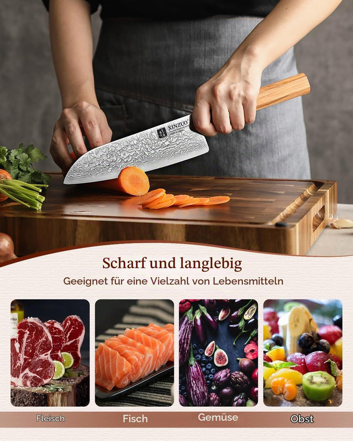 XINZUO 18,5cm Santokumesser, 67 Schichten Damaststahl Küchenmesser Multifunktions Damastmesser Profi