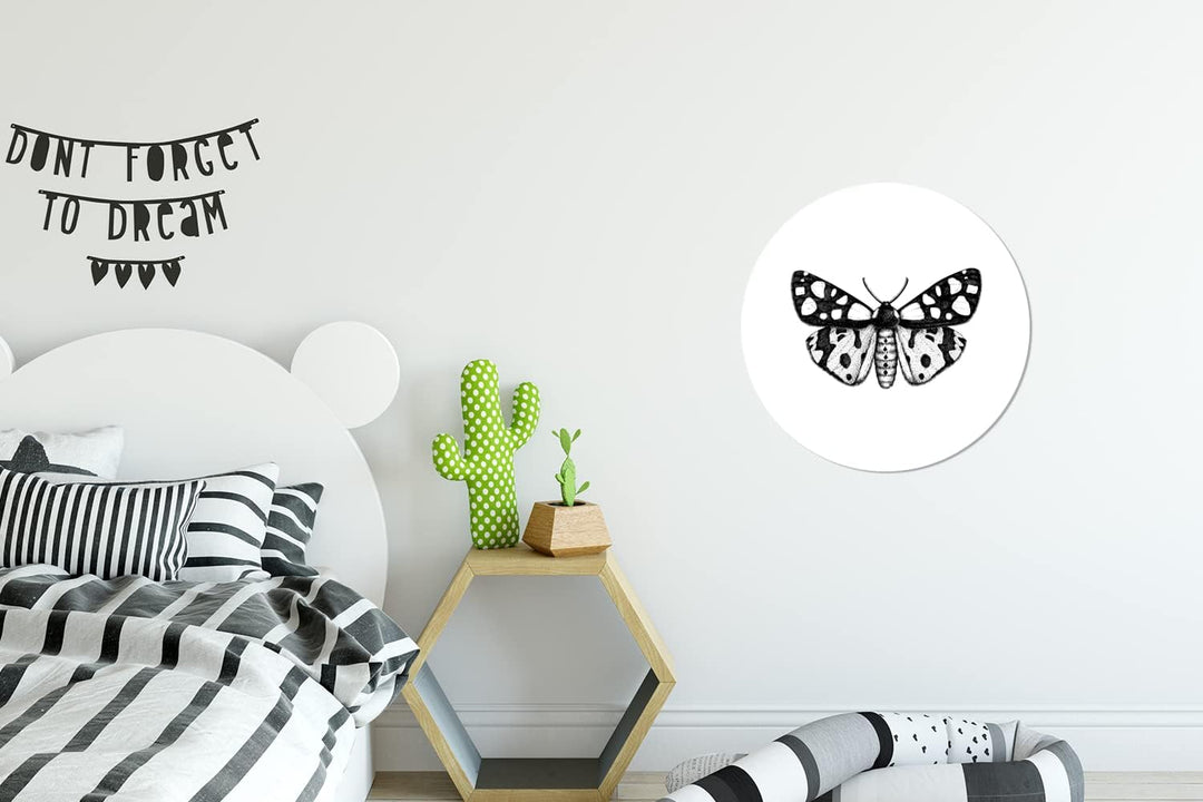 MuchoWow Wandbild Rund Wanddeko Deko Wohnzimmer Bilder 30x30 cm Schmetterling - Vintage - Schwarz un