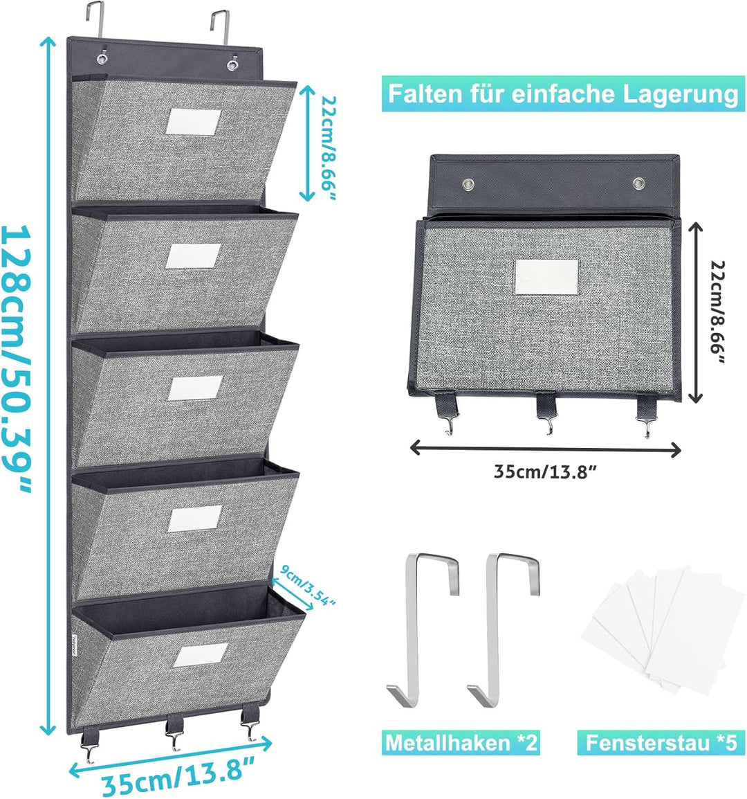 VERONLY Hängeorganizer Büro ordner für Wand - Hängeaufbewahrung Wandorganizer 5 Taschen Aufbewahrung