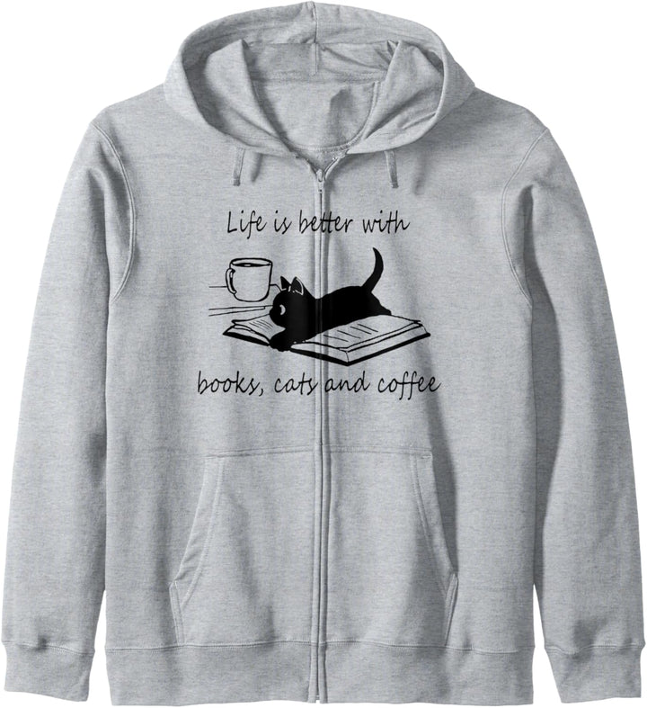 Life Is Better With Books Cats And Coffee - black cat lover Kapuzenjacke
