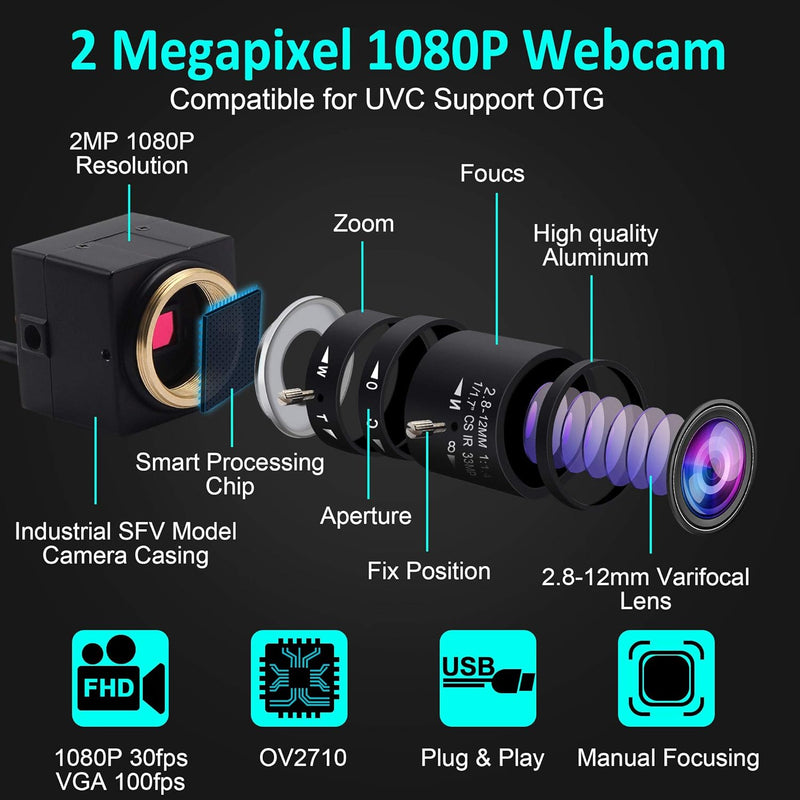 ELP USB-Kamera 1080P 2,8–12 mm 4-Fach optisches manuelles Zoomobjektiv, 2 MP USB-Kamera mit CMOS OV2