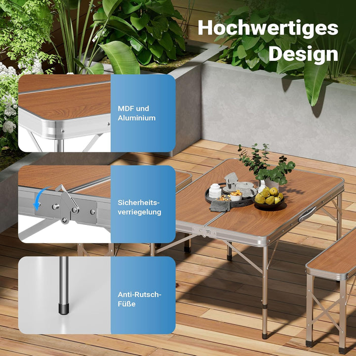 Wiltec Koffertisch mit 2 Bänken Holzdesign Aluminium 90x66x70 cm Campingtisch klappbar Sitzgruppe Ca