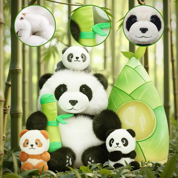 OUOZZZ 5 Stück Panda Kuscheltier und Bambus-Tasche, 25cm Weich Panda Plüschtier mit 3 Baby im Bauch
