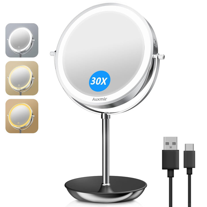 Auxmir Wiederaufladbar Kosmetikspiegel mit LED Beleuchtung und 1X/30X Vergrösserung, 8" Schminkspieg