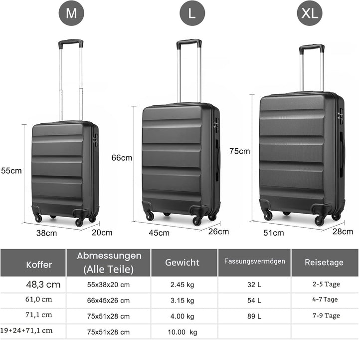 KONO Trolley Koffer Mittelgross Koffer L Hartschalenkoffer Reisekoffer mit Rollen und TSA Schloss Le