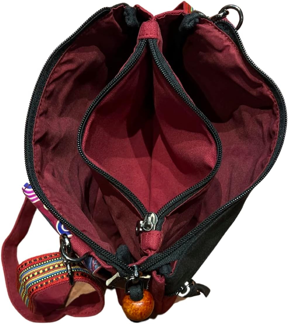 Macha Ethnische kleine Baumwolltasche mit bunten Drucken und Ledereinsätzen, Ethnische indische Baum