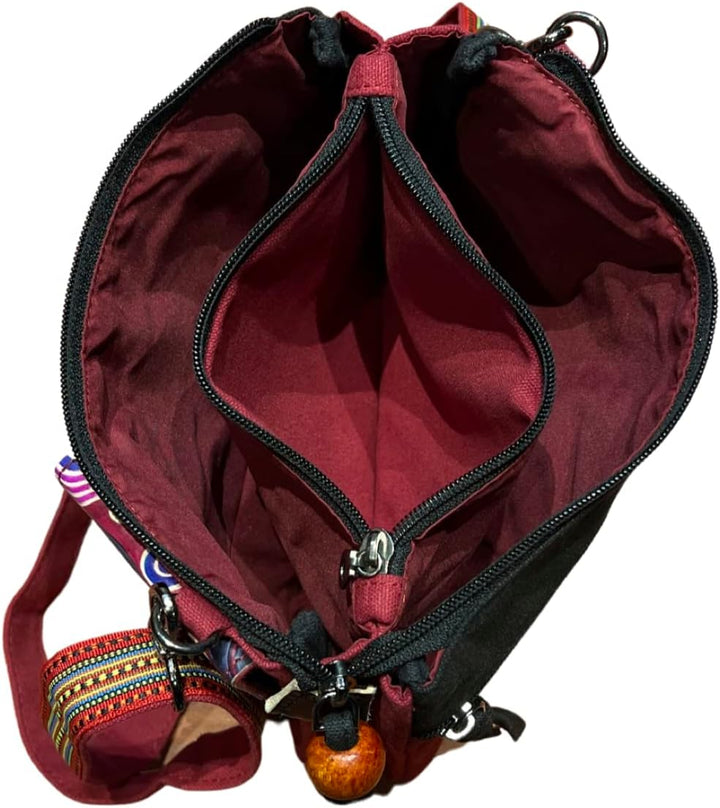 Macha Ethnische kleine Baumwolltasche mit bunten Drucken und Ledereinsätzen, Ethnische indische Baum