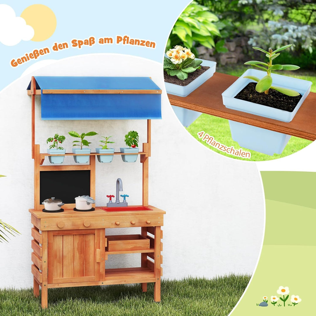 COSTWAY Matschküche Kinder Outdoor, Kinderküche Holz mit Sonnendach & Tafel & Pflanzbechern & Schauf