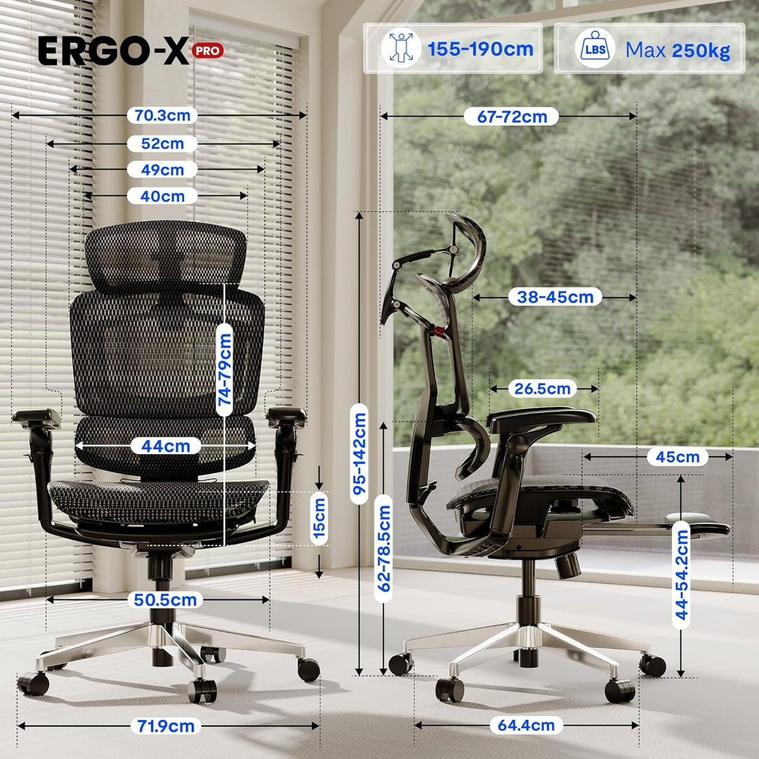 FLEXISPOT ErgoX Pro Ergonomischer Bürostuhl mit ausziehbarer Fussstütze, 12-stufiger Höhenverstellun