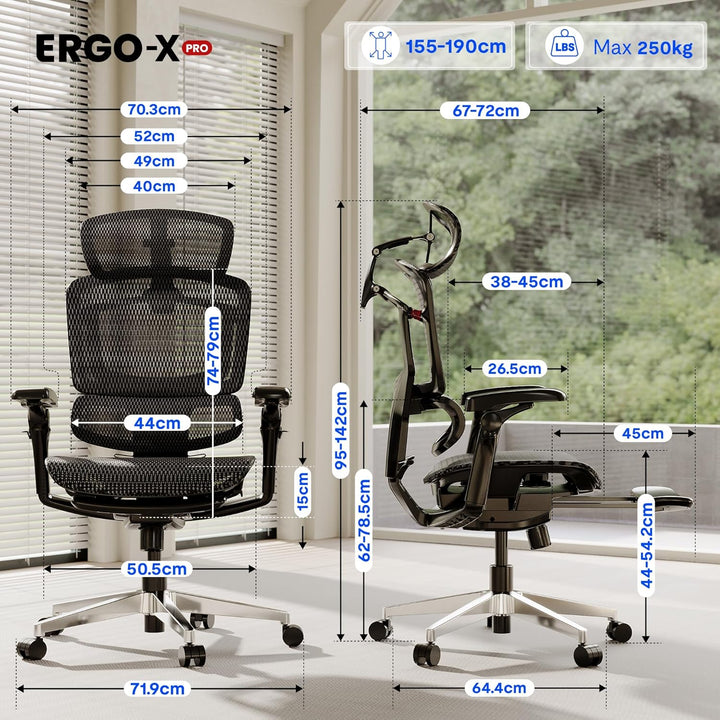 FLEXISPOT ErgoX Pro Ergonomischer Bürostuhl mit ausziehbarer Fussstütze, 12-stufiger Höhenverstellun