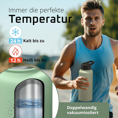 Trinkflasche Edelstahl ACTIVE FLASK + Strohhalm (3 Deckel) BPA-frei, Auslaufsicher, Kohlensäure geei