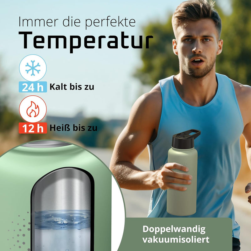 Trinkflasche Edelstahl ACTIVE FLASK + Strohhalm (3 Deckel) BPA-frei, Auslaufsicher, Kohlensäure geei