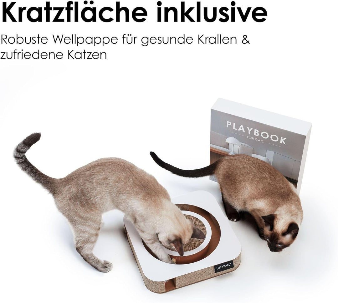 LucyBalu® Playbook Katzen Kratzbrett mit Ball | Fummelbrett | Katzenspielsachen aus Kratzpappe | Int