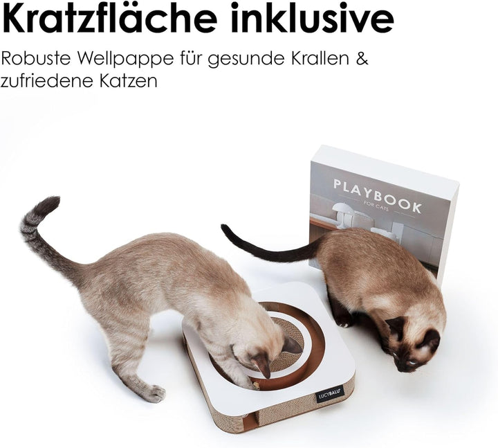 LucyBalu® Playbook Katzen Kratzbrett mit Ball | Fummelbrett | Katzenspielsachen aus Kratzpappe | Int