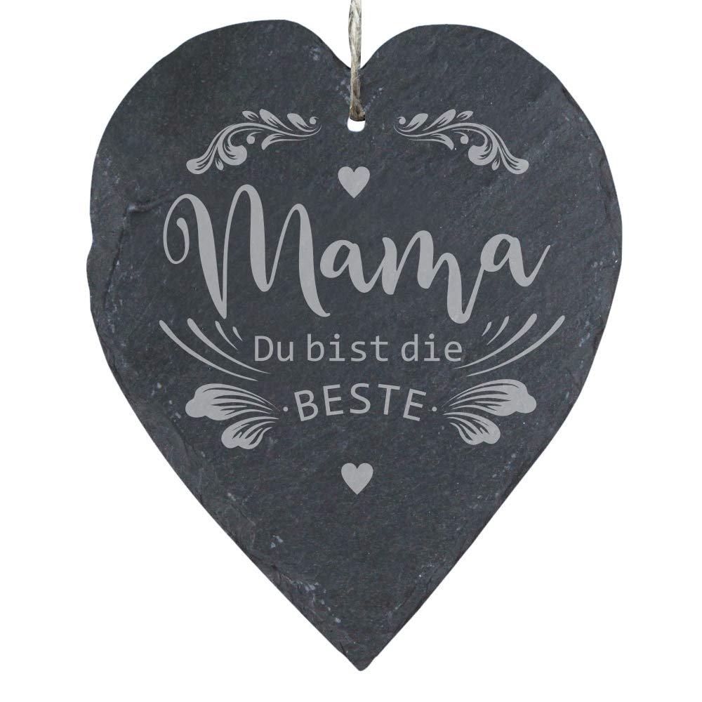 4you Design Schieferherz mit Gravur Mama Du bist die Beste, Mama, Deko Herz für Wand und Tür mit Kor