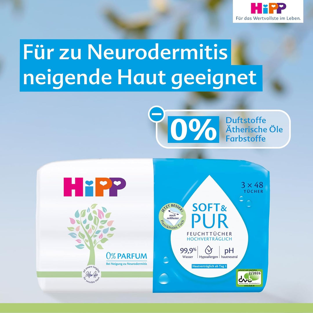 HiPP Babysanft Feuchttücher Soft und Pur, 864 Stück (18 Packungen mit 48), mit 99,9% Wasser und 0% P