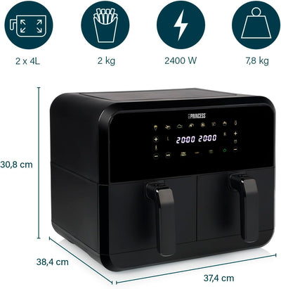 Princess Heissluftfritteuse mit Doppelkammer mit 2x4L Fassungsvermögen – 74% weniger Energieverbrauc