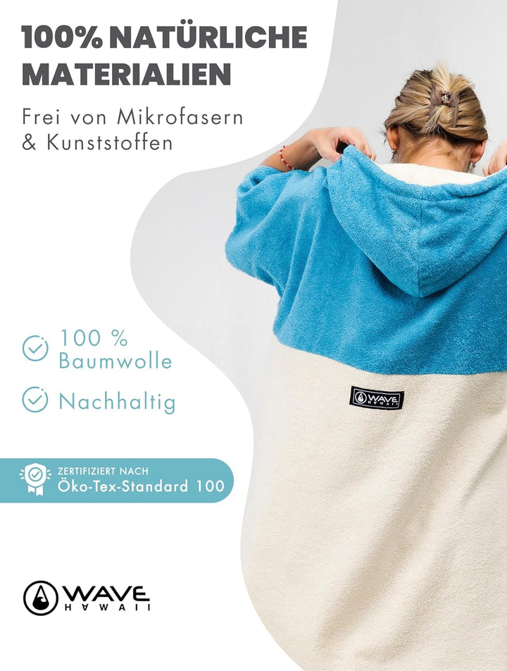 WAVE HAWAII Poncho Lagos Surfponcho 100% Baumwolle für Körpergrössen von 155-185 cm Umkleidehilfe fü