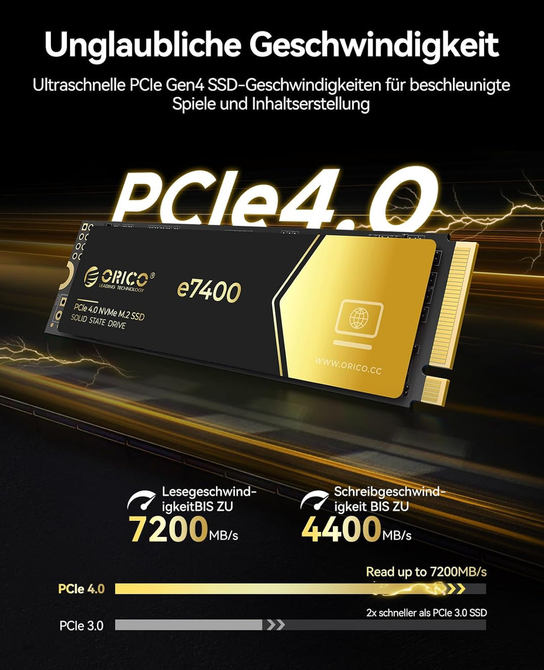 ORICO 512GB NVMe SSD M.2, PCIe 4.0X4 - Bis zu 7200MB/s M2 SSD, 3D NAND Flash M.2 2280 Internes Solid