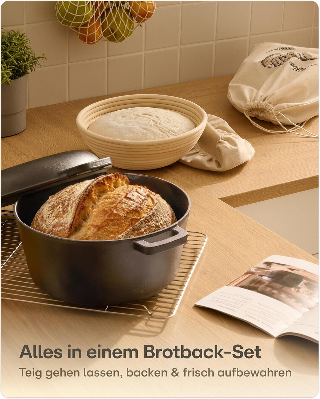 Praknu Gusseisen Topf für Brot Backen Set (26 cm Brottopf) – Inkl. Gärkorb, Brotbeutel & Brotbacktop