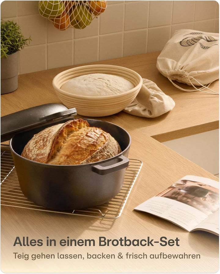 Praknu Gusseisen Topf für Brot Backen Set (26 cm Brottopf) – Inkl. Gärkorb, Brotbeutel & Brotbacktop