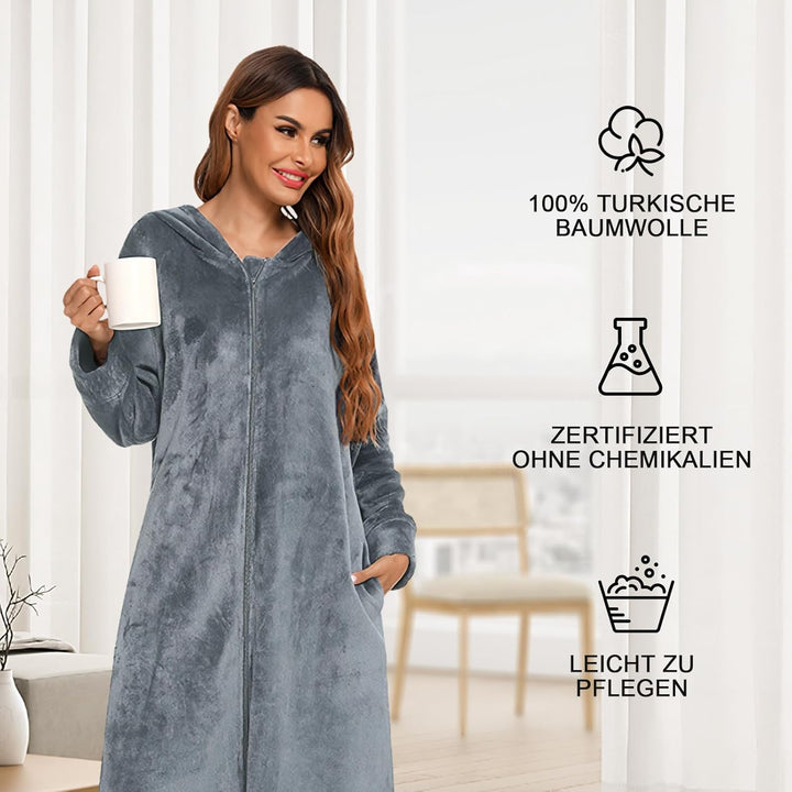 Figarge Bademantel Damen und Herren mit Reissverschluss und Kapuze langer Bademantel Fronttaschen Sa