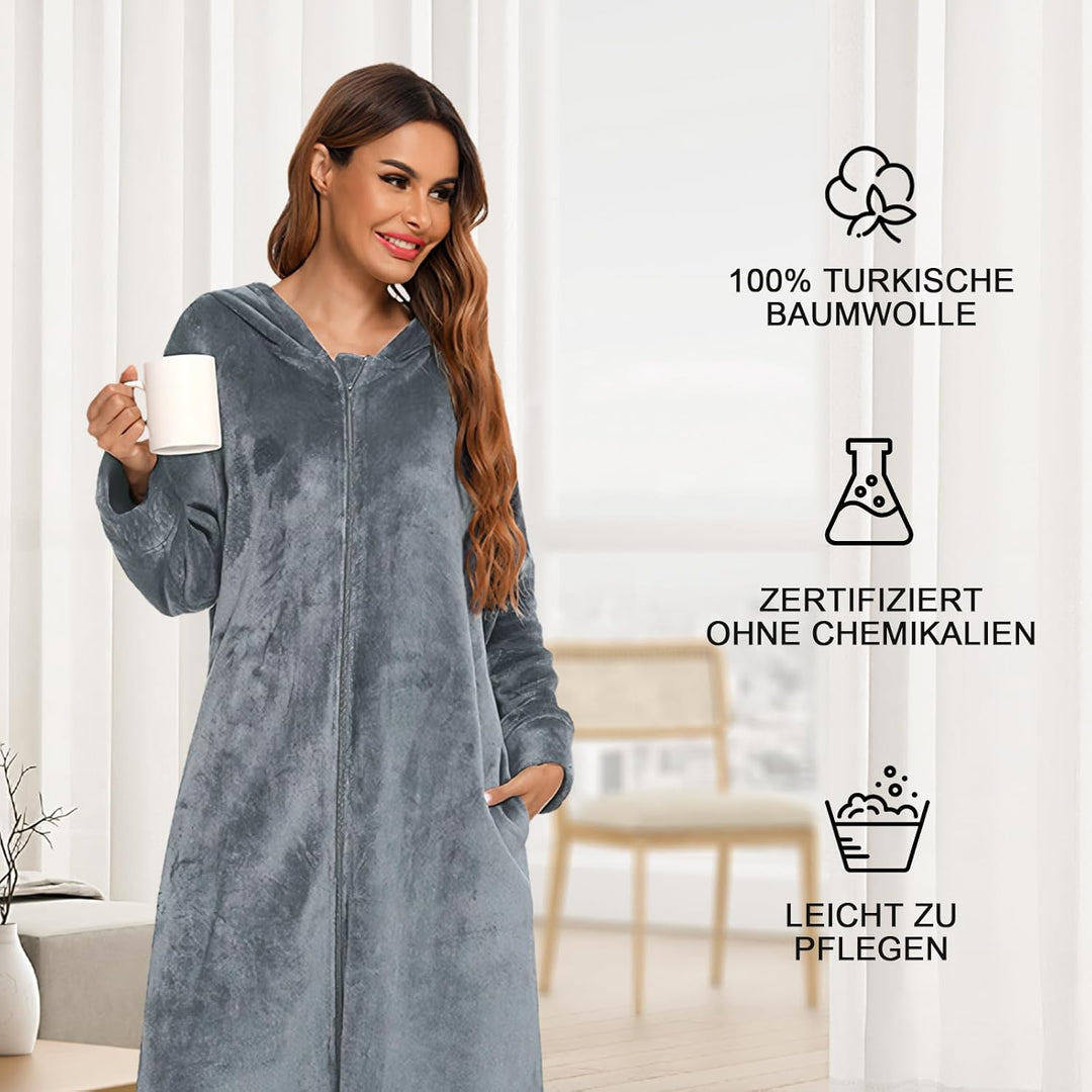 Figarge Bademantel Damen und Herren mit Reissverschluss und Kapuze langer Bademantel Fronttaschen Sa