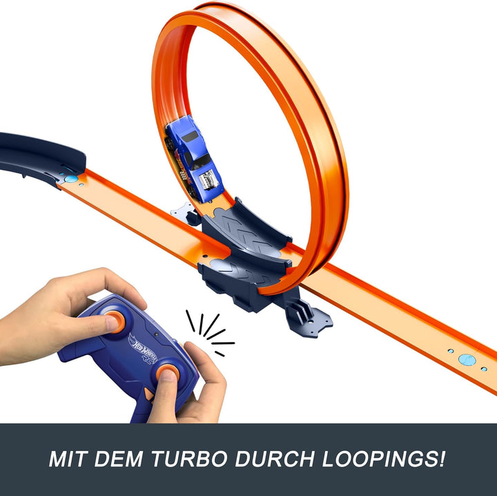 Hot Wheels Spielzeugauto-Trackset mit ferngesteuertem Fahrzeug im Massstab 1:64 und mehr als 30 Trac