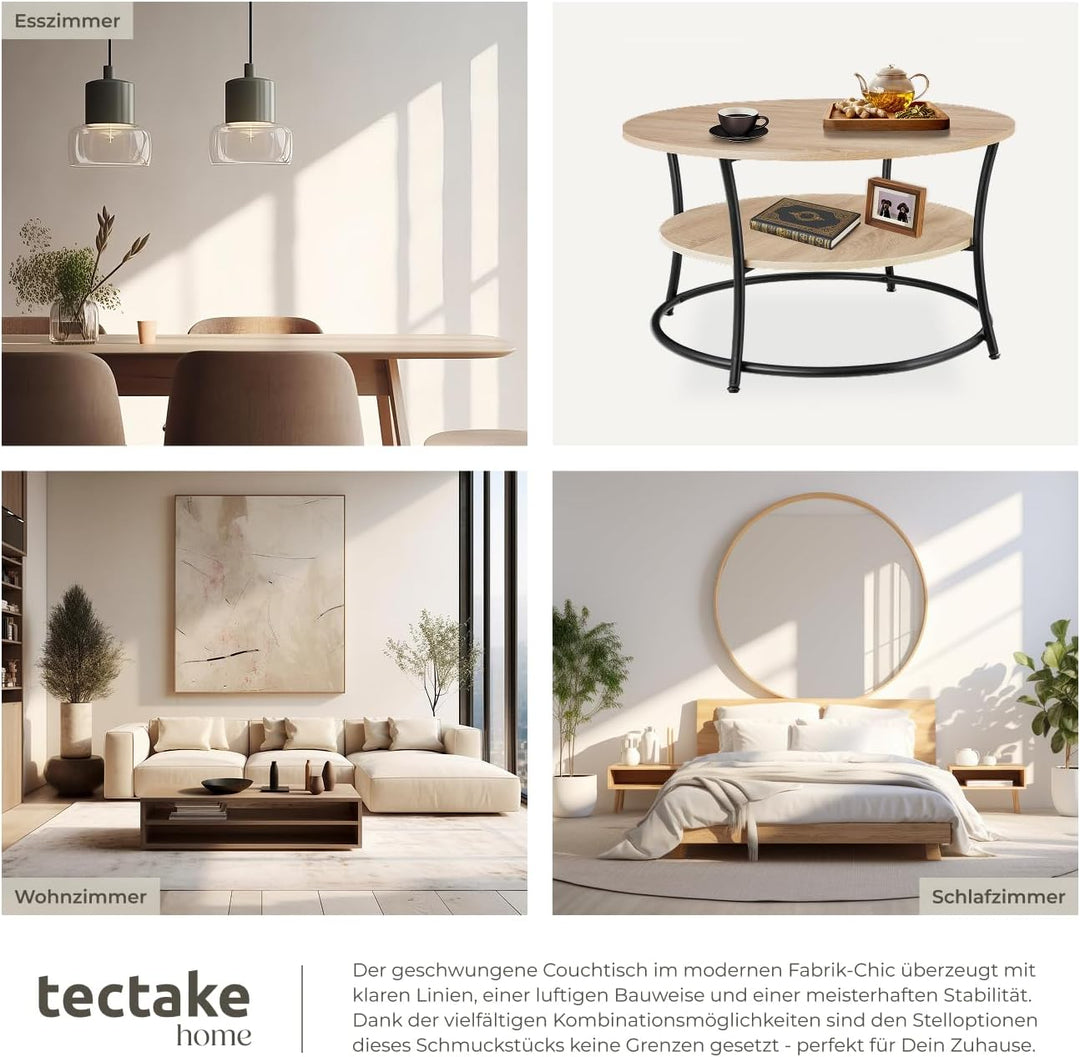 tectake® Tisch rund, 2 Ablagen, Wohnzimmertisch Ø 80, Couchtisch mit Stauraum, Beistelltisch Holz un