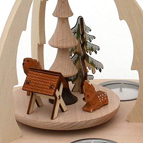 Holz Teelicht-Pyramide mit Szene, für 3 Teelichte, Motiv: Holzhacker mit Hackstock, Rehe und Haus, c