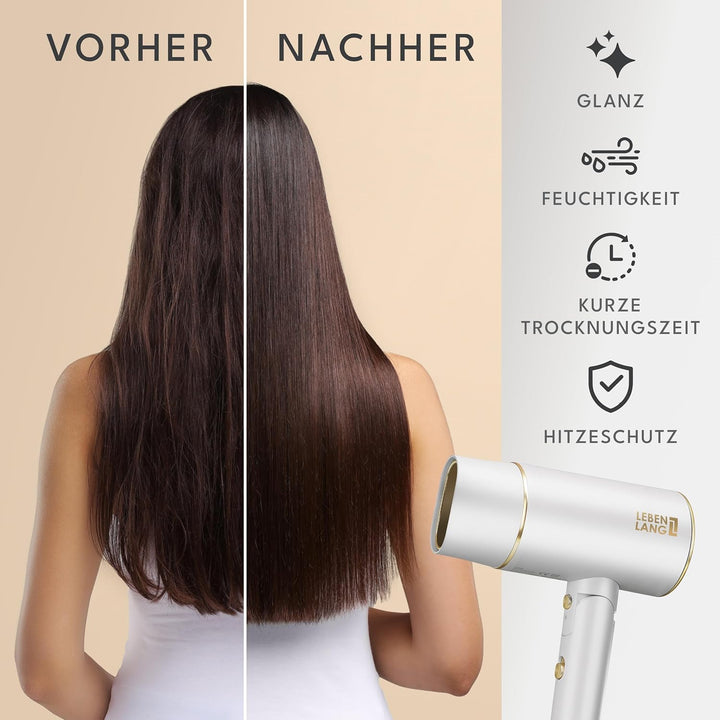 LEBENLANG Föhn Haartrockner Ionen 2100W - Anti-Spliss mit Kaltluft Modus | Reisefön klappbar klein &amp;