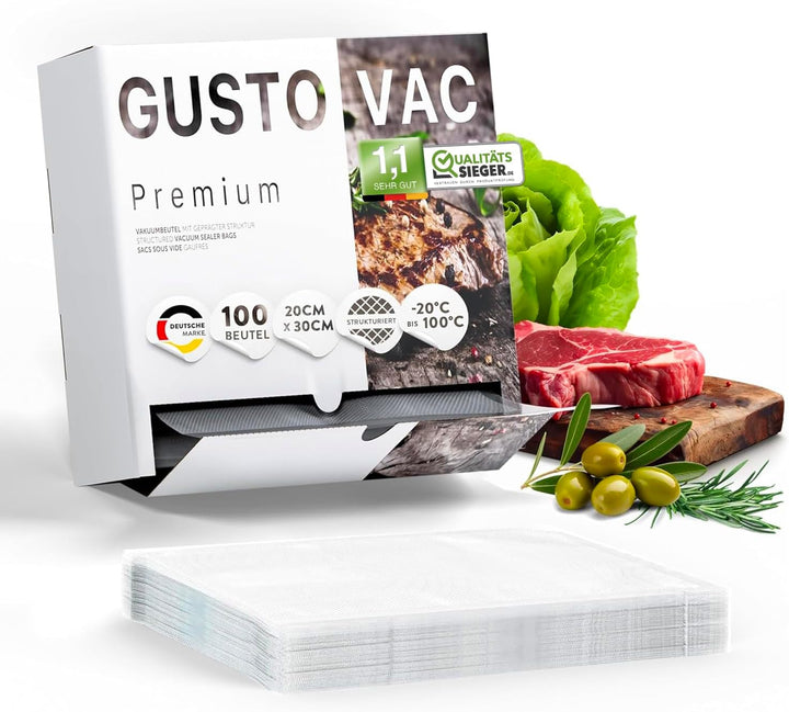 GustoVac Premium 100 Stk Vakuumierbeutel 20x30 geprägt - Made in Germany - Vakuum Beutel für Vakuumi