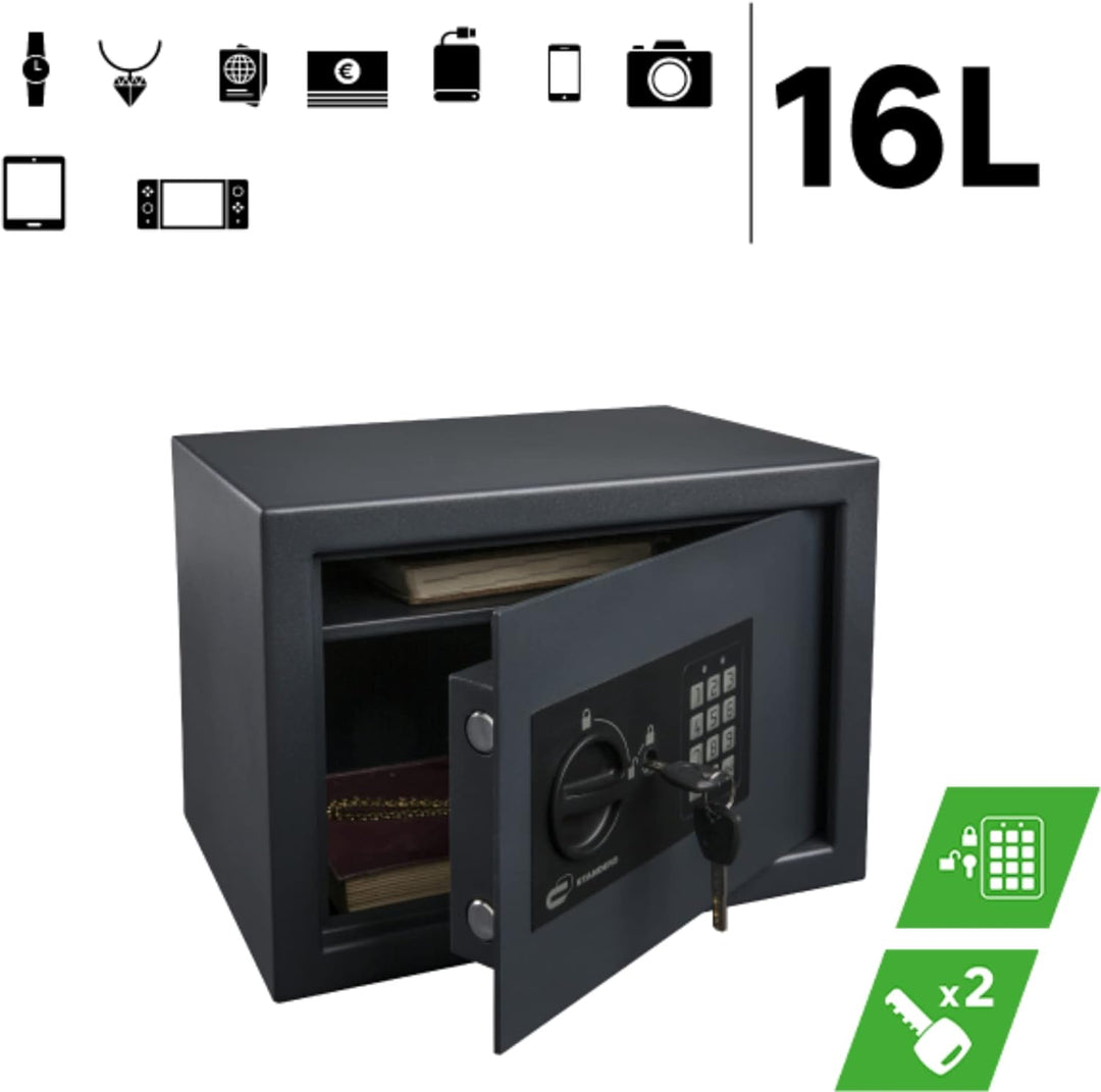 STANDERS - Elektronischer Safe - 16L - 25 x 35 x 25 cm - Wandtresor - Code-Safe - 2 Sicherheitsschlü