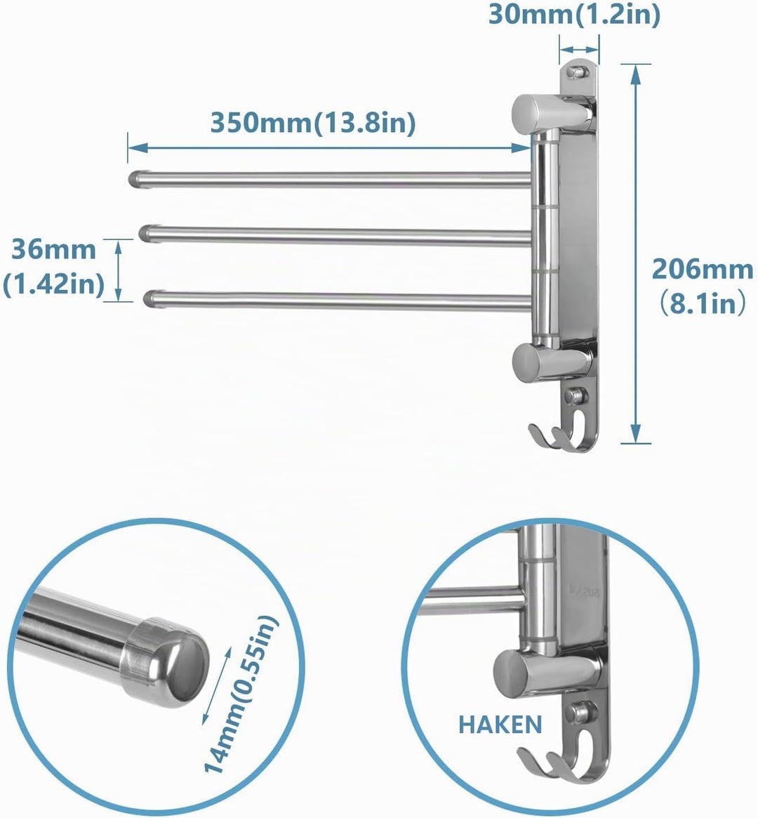 JSVER Handtuchhalter Wand,180° Drehung Handtuchhalter mit 3 Armig Schwenkarm Handtuchstange mit Hake
