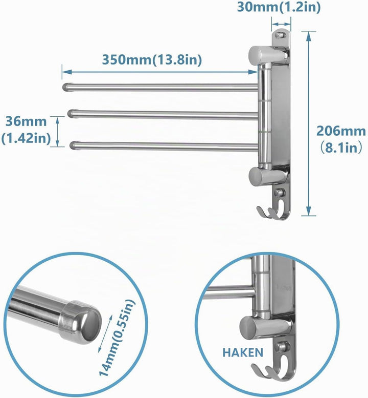 JSVER Handtuchhalter Wand,180° Drehung Handtuchhalter mit 3 Armig Schwenkarm Handtuchstange mit Hake