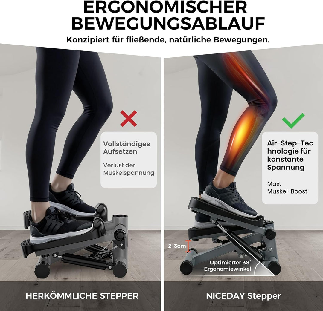 Niceday Mini Stepper für Zuhause | Up-Down Swing Stepper mit Power Ropes | Stepper Hometrainer mit L