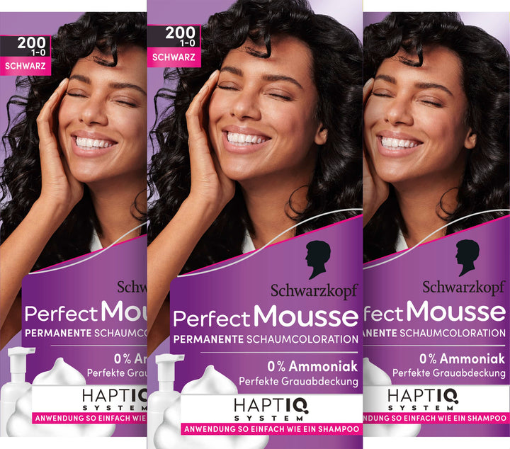 Schwarzkopf Perfect Mousse Permanente Schaumcoloration 200/1-0 Schwarz (3 x 92.5 ml), Haarfarbe mit
