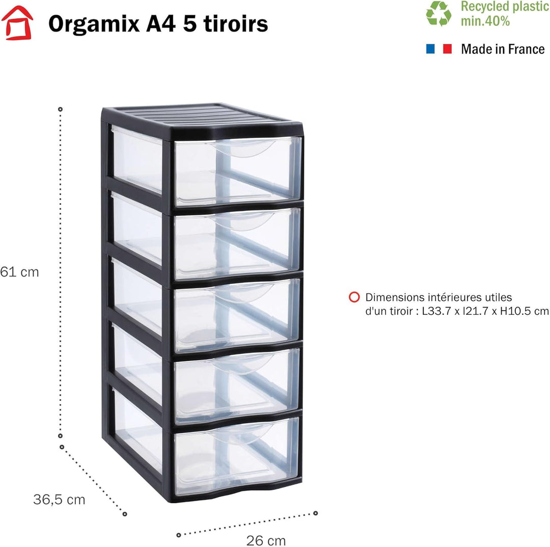 SUNDIS Orgamix, schubladenbox aus Kunststoff, 5 transparente Schubladen im A4-Papierformat, Höhe 61