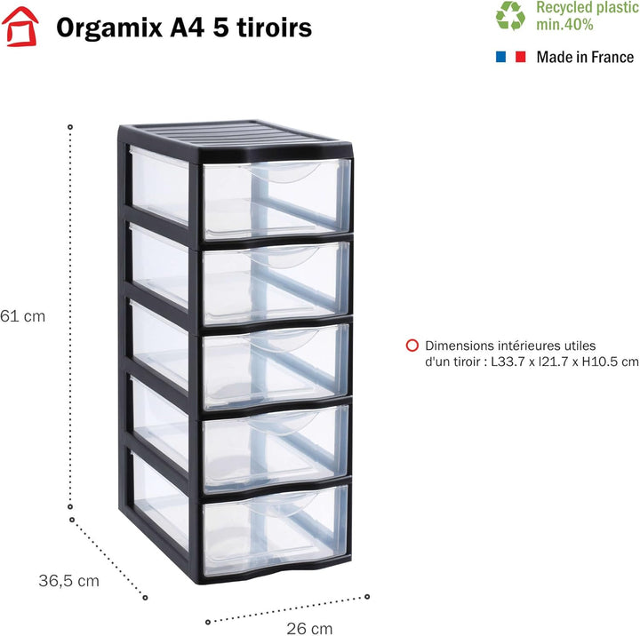 SUNDIS Orgamix, schubladenbox aus Kunststoff, 5 transparente Schubladen im A4-Papierformat, Höhe 61