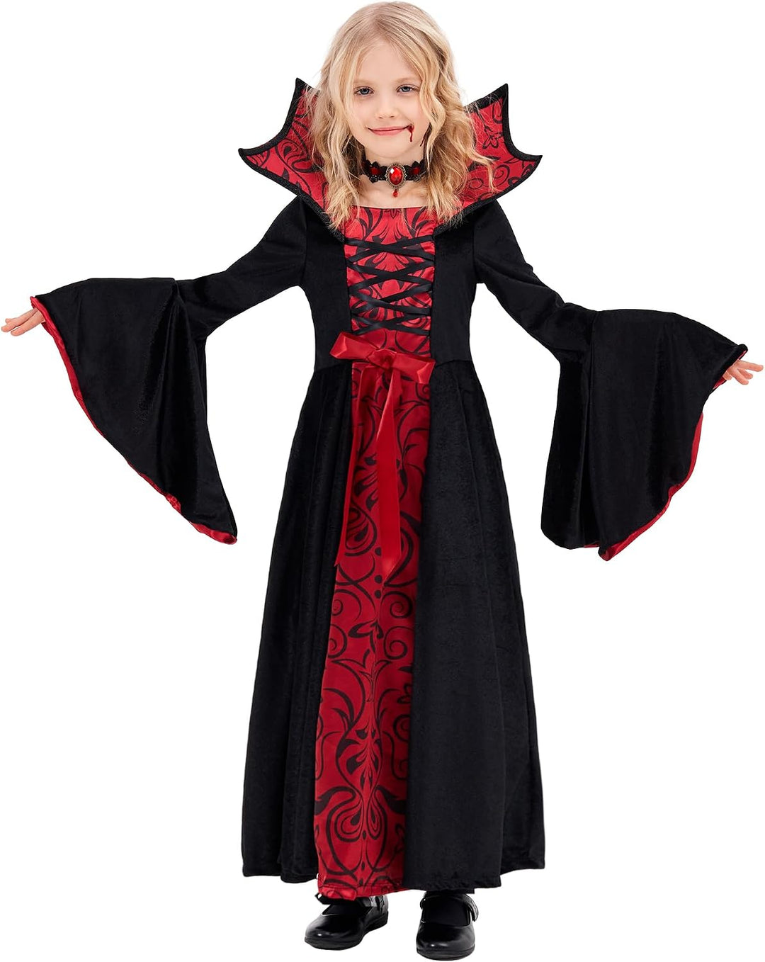 Funnlot Vampir Kostüm Mädchen Gothic Halloween Kostüm Kleid mit Vampir Zähne Kinder Karneval Faschin