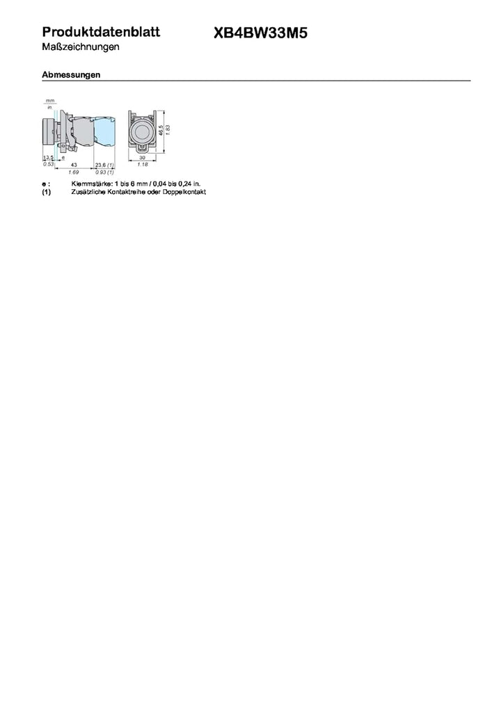 Schneider Electric | XB4BW33M5 - Leuchtdrucktaster, grün, flach, 1S+1Ö, tastend, 220-240V 50/ bei 60