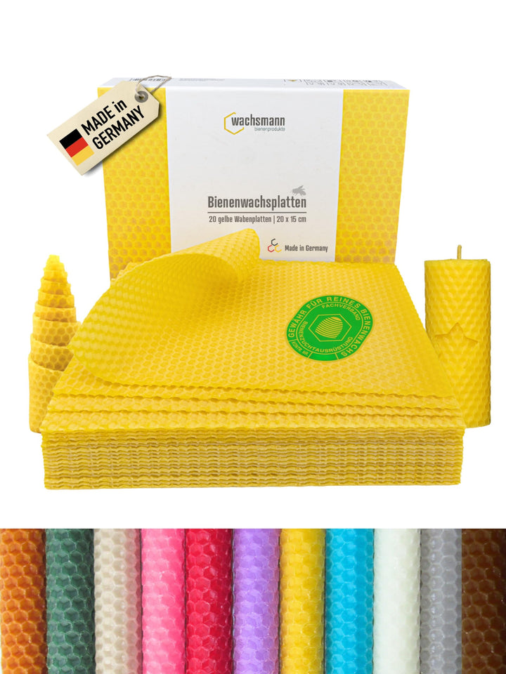 Wachsmann 20 Bienenwachsplatten aus Deutschland, gelb, Wachsplatten 20 x 15 cm, Bienenwachs Kerzen s