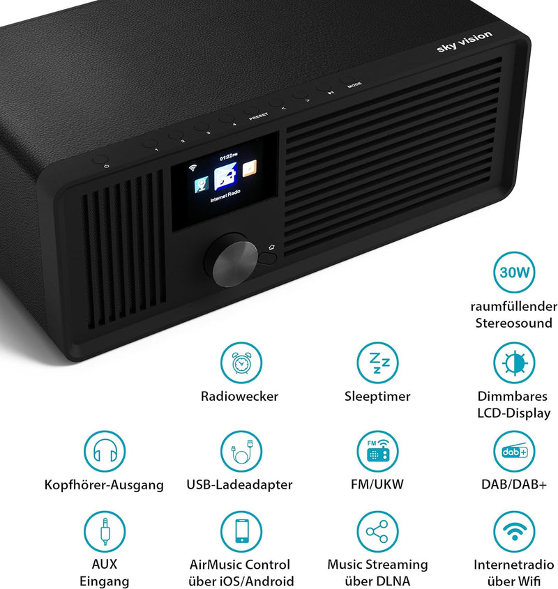 sky vision DAB 70 – Stereo DAB+ Internet-Radio (FM UKW, WLAN-fähig, mit AUX-Anschluss plus Kabel, Di