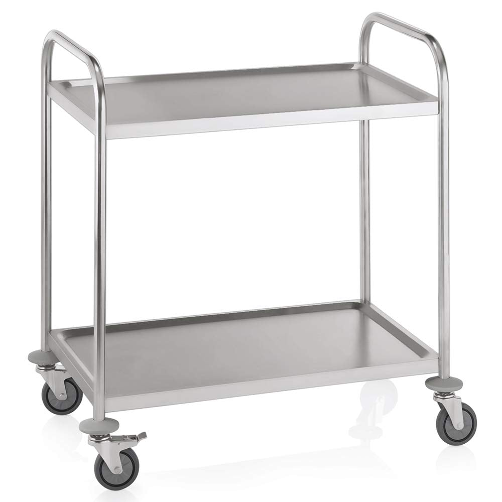 WAS 1950 002 Edelstahl Servierwagen, 4 Schwenkbare Rollen mit Rammschutz, 2 Borde, 54.0cm Abstand, 8