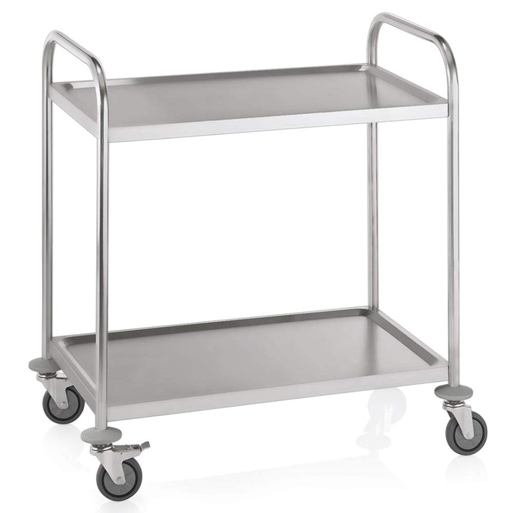 WAS 1950 002 Edelstahl Servierwagen, 4 Schwenkbare Rollen mit Rammschutz, 2 Borde, 54.0cm Abstand, 8